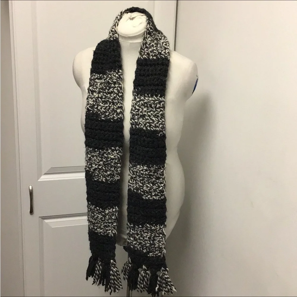 Handmade Unisex Crochet Long Scarf with Tassel Fringe, Charcoal & Ivory, OSFA